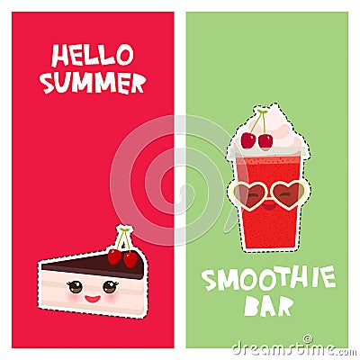 Hello Summer cherry Take-out smoothie cute kawaii piece of cake, decorated with fresh cherry, pink cream and chocolate icing. Vector Illustration