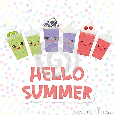 Hello Summer Choose your smoothies. card design Takeout kiwi strawberry raspberry blueberry smoothie transparent plastic cup with Vector Illustration