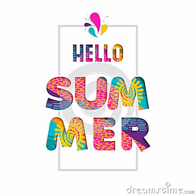 Hello summer color text quote in fun paper cut art Vector Illustration