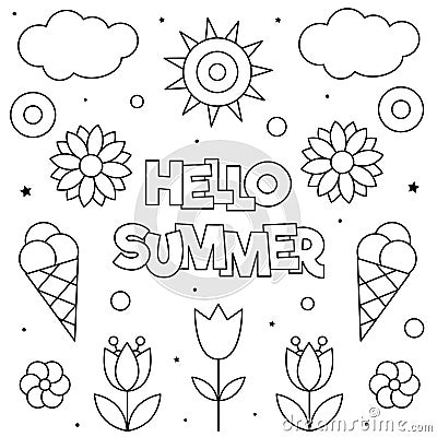 Hello Summer. Coloring page. Black and white vector illustration. Vector Illustration