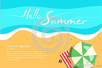 Hello summer concept vector illustration. Top view of beach. Template for poster Vector Illustration