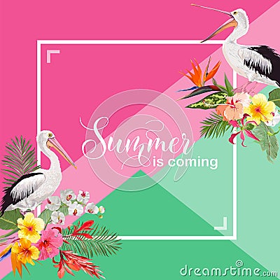 Hello Summer Design with Tropical Plants and Birds. Summertime Card with Exotic Flowers and Pelicans. Floral Background Vector Illustration