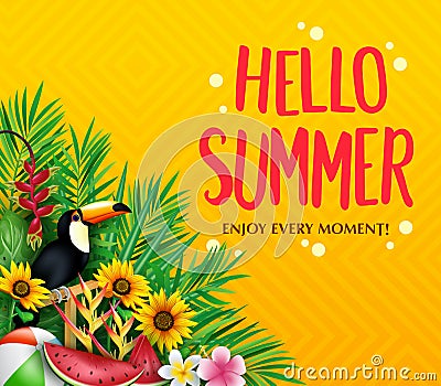 Hello Summer Enjoy Every Moment Poster with Toucan, Palm Tree Leaves Vector Illustration