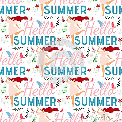 Hello Summer Female Cartoon Seamless Flat Pattern Vector Illustration