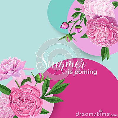 Hello Summer Floral Design with Pink Peony Flowers. Botanical Background for Poster, Banner, Wedding Invitation Vector Illustration