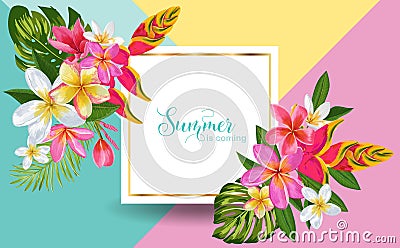 Hello Summer Floral Poster. Tropical Exotic Flowers Design for Sale Banner, Flyer, Brochure, Certificate, Fabric Print Vector Illustration