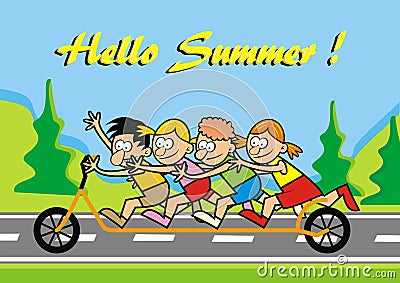 Hello summer, four happy kids rides scooter, eps. Vector Illustration