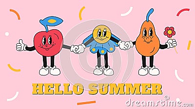 Hello Summer fruit in retro cartoon style Vector Illustration