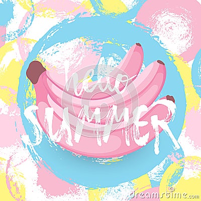 Hello Summer greeting card with Banana flat style. Hand drawn Hello Summer lettering on sketchy ink background. Vector Illustration