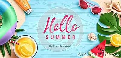 Hello summer greeting text vector template. Summer hello greeting in pattern space with drinks juice Vector Illustration