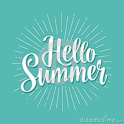 Hello summer hand drawn lettering with rays. Vector Illustration