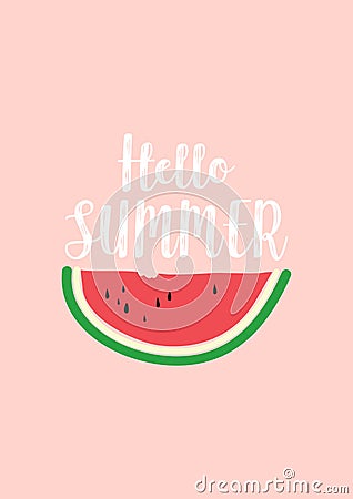 Hello summer hand drawn pink poster. Hand drawn watermelon on the pink background Vector Illustration