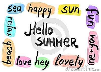 Hello summer hand written words on the hand drawn background Vector Illustration