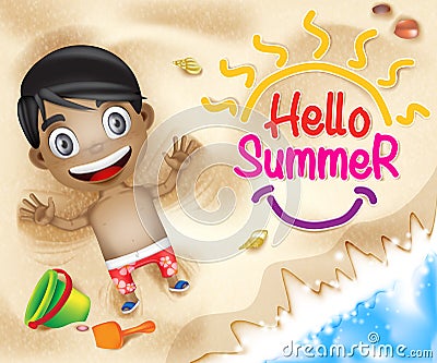 Hello Summer Happy Kid Happy Playing in Beach Sand Background Vector Illustration