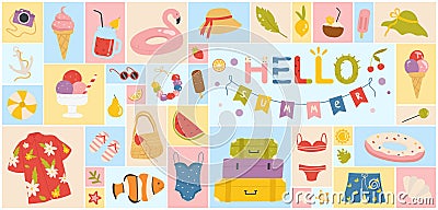 Hello summer, happy travel vacation set Vector Illustration