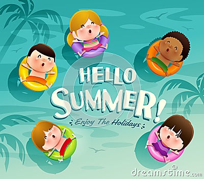 Hello summer holiday! Group of kids floats on water with swim ring. Vector Illustration