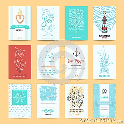 Hello Summer Greeting Cards, Nautic Illustrations Vector Illustration