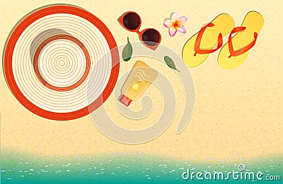 Hello Summer holidays banners design. With boat, life buoy, surfboard, glasses, flip flop, hat,flower, starfish, coconut Vector Illustration
