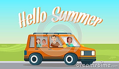 Hello Summer Horizontal Banner Happy Family Travel Vector Illustration