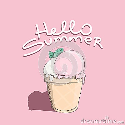 Hot season, summer desserts . Delicious ice cream, flat design hand-drawn. Vector Illustration