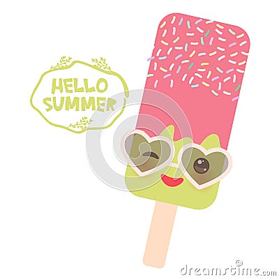 Hello Summer ice cream, ice lolly green pink, Kawaii with sunglasses pink cheeks and winking eyes, pastel colors on white backgrou Vector Illustration