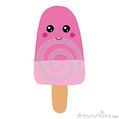 Hello Summer ice cream, ice lolly pink, Kawaii with pink cheeks and eyes, isolated on white background. Vector Vector Illustration