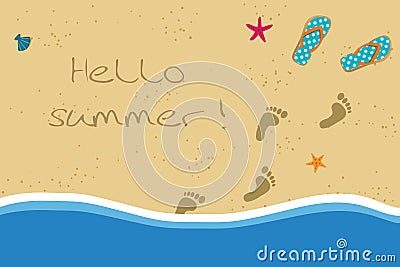Hello summer illustration with flip flops and foot prints on sandy beach background Vector Illustration