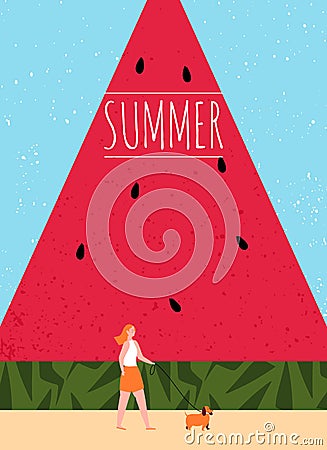 Hello summer. illustration for summer background, card, poster, and flyer. woman walking with dog in summer with giant watermelon Vector Illustration