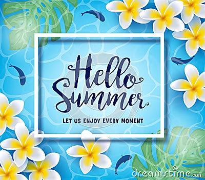 Hello Summer Let Us Enjoy Every Moment Greeting Inside Frame Floating in Water Background Vector Illustration