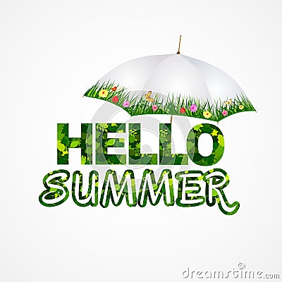 Hello summer lettering background with summer umbrella. Vector illustration Vector Illustration