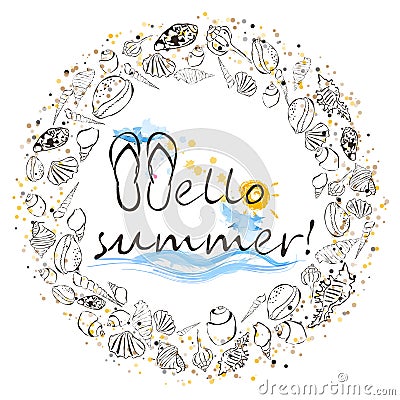 Hello summer lettering composition. Cartoon Illustration