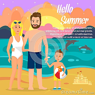 Hello Summer Lettering Flat Color Travel Postcard Vector Illustration