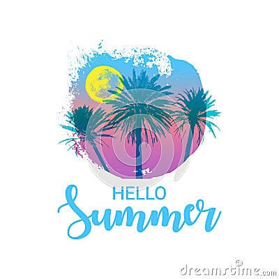 Hello Summer message. Hand drawn palm trees with a circle shape Vector Illustration