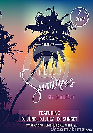 Hello summer lettering. Tropical palms, sunset background. Party invitation template Vector Illustration