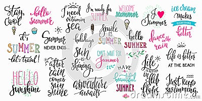 Hello summer lettering typography big set Vector Illustration