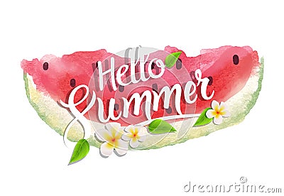 Hello summer lettering typography with watercolor watermelon Vector Illustration