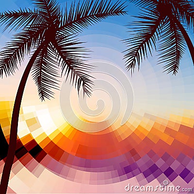 Hello Summer Lettering vacation and travel. Tropical poster with sunset or sunrise bright background and palm exotic island Vector Illustration