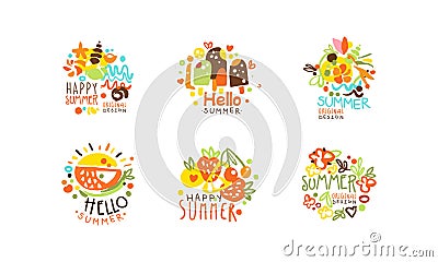 Hello Summer Logo Templates Collection, Summer Vacation, Sale, Tropical Resort Hand Drawn Badges Vector Illustration Vector Illustration