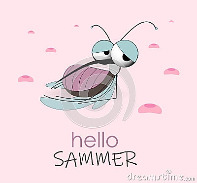 Hello summer. The mosquito drank blood and lies. Insect pest. Mosquito bite. Danger of disease transmission Vector Illustration