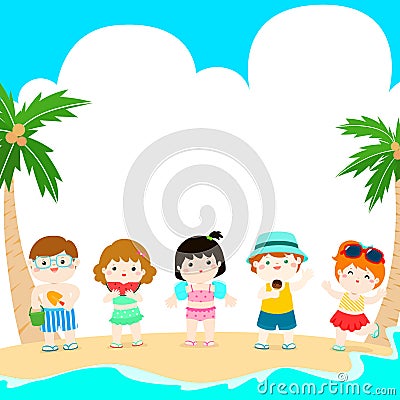 Hello summer multicultural cute kids template vector Vector Illustration