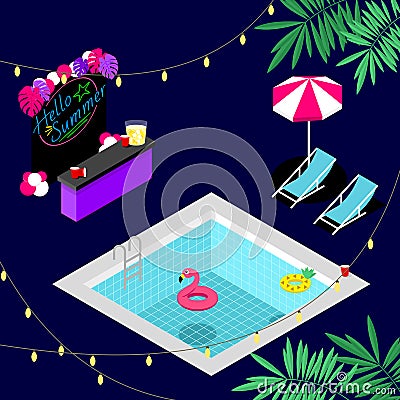 Hello summer night pool party with tropical decoration Stock Photo