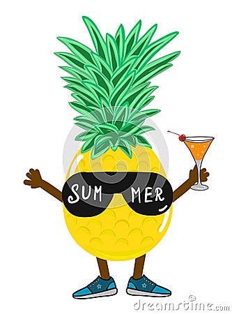 Hello Summer pineapple in sunglasses with cocktail cartoon vector illustration drawn by hand. Hello summer concept, party time Cartoon Illustration