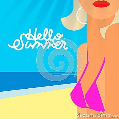 Hello summer poster, portrait of hot girl with red lips on a beach in pink bikini, vector illustration. Vector Illustration