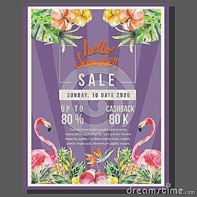 Hello summer poster sale with watercolor flamingo style border Vector Illustration