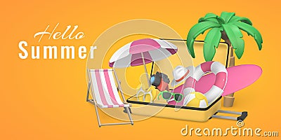 Hello summer promo banner design. Cartoon 3d open travel trolley bag, Tropical palm tree, sun umbrella, swim ring, beach chair, Vector Illustration