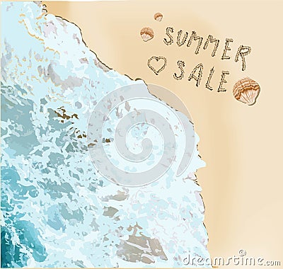 Hello summer. Realistic ocean waves and beach. Horizontal banner for advertising and summer discounts Vector Illustration