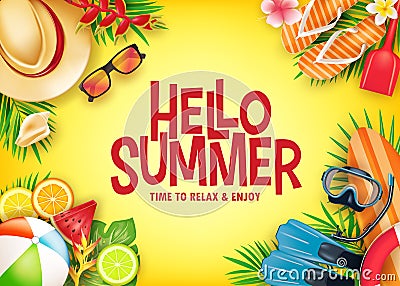 Hello Summer Realistic Vector Banner in Yellow Background with Tropical Elements Like Scuba Diving Equipment Vector Illustration
