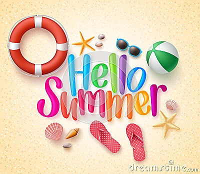 Hello Summer in the Sand Colorful Text and Background Vector Illustration