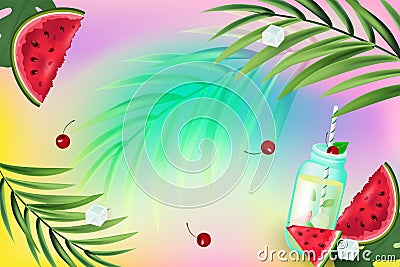 Hello summer. Seamless pattern with watermelons, ice cream, palm branch, ice cubes on colorful years background Vector Illustration
