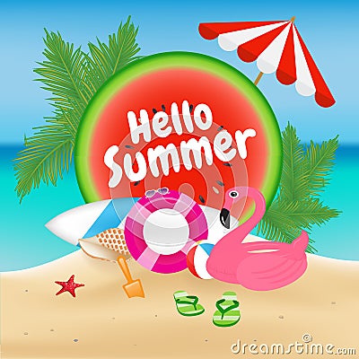 Hello Summer Season Background and Objects Design with Flamingo Vector Illustration